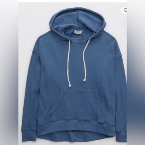 Aerie Hooded Thermal Waffle Knit Blouse Top Sz L Athleisure Casual Loungewear